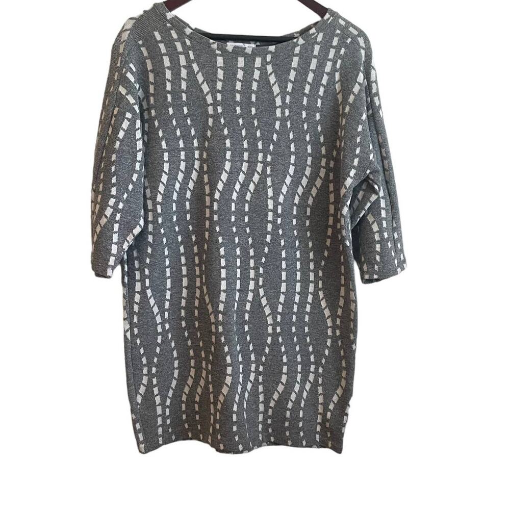 Zara Women Sweater M Gray White‎ Abstract Stripe Tunic 3/4 Sleeve Stretch Cozy